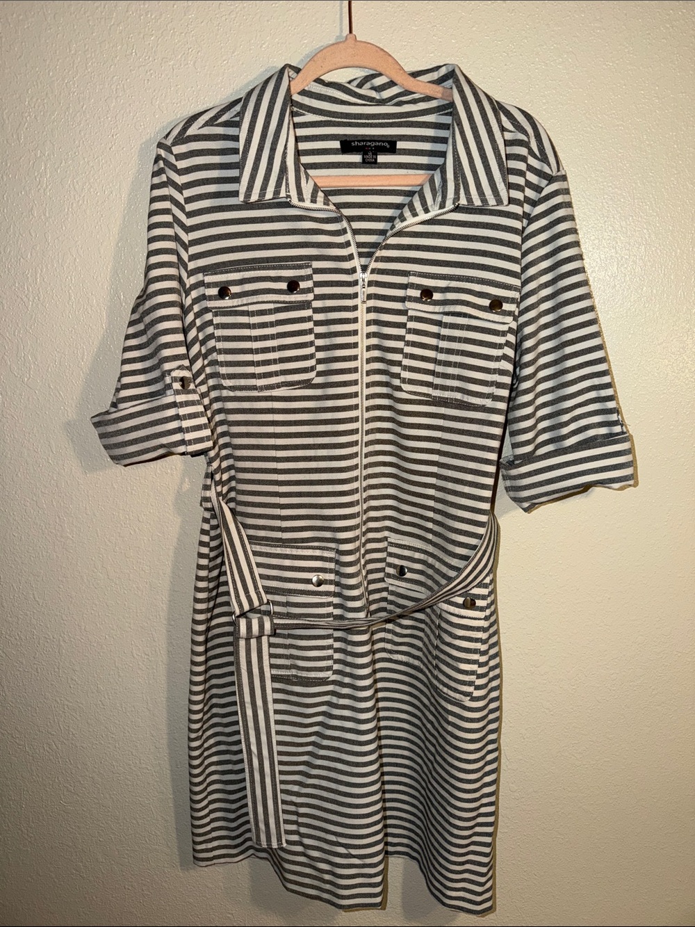 Sharagano 14 Striped Utility Shirt Dress in Gray and White